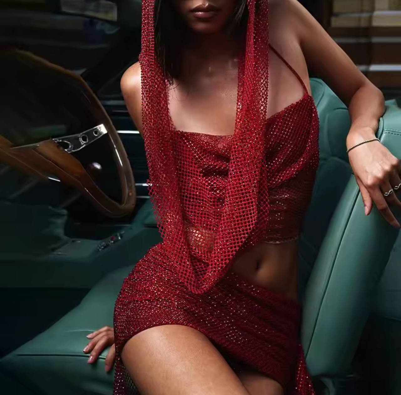 Women Hooded Crop Top And Asymmetrical Skirt Sparkling Mesh