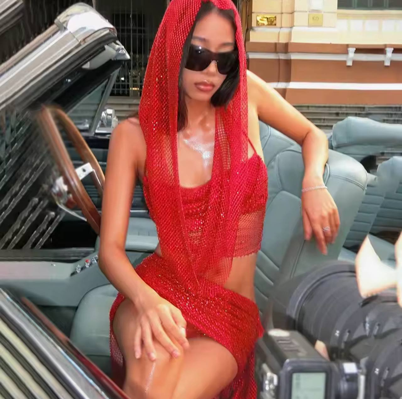 Women Hooded Crop Top And Asymmetrical Skirt Sparkling Mesh