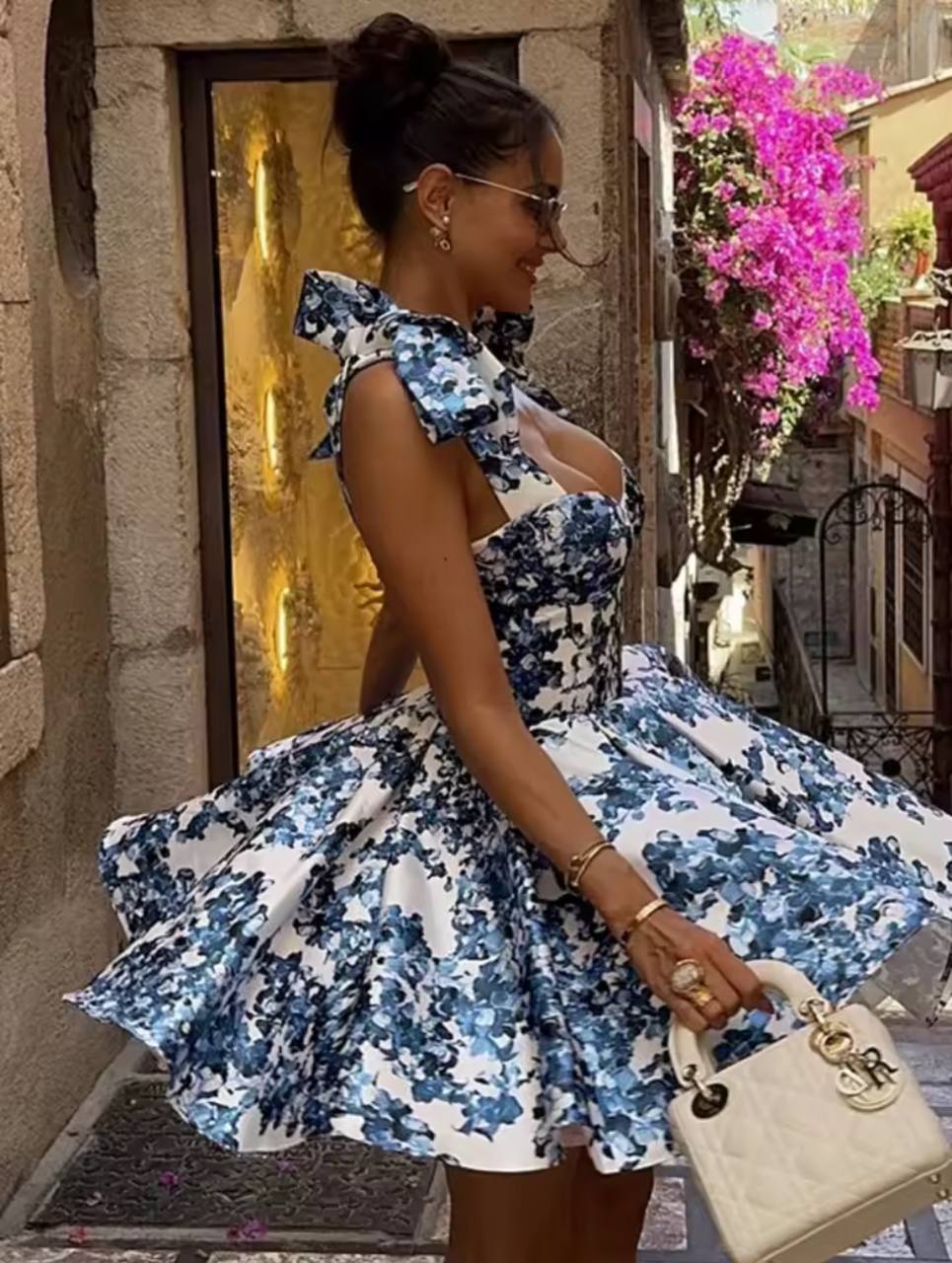 Vintage Blue Print Bow Lace-up Sling Dress For Women
