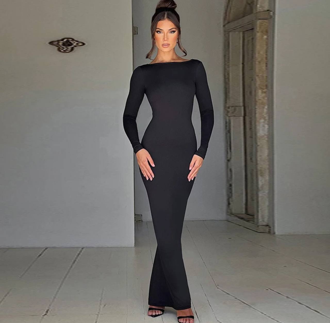 Spring Elegant Long Sleeve Backless Solid Cuched Sexy Bodycon Maxi Prom Dress Women Outfit Evening Party