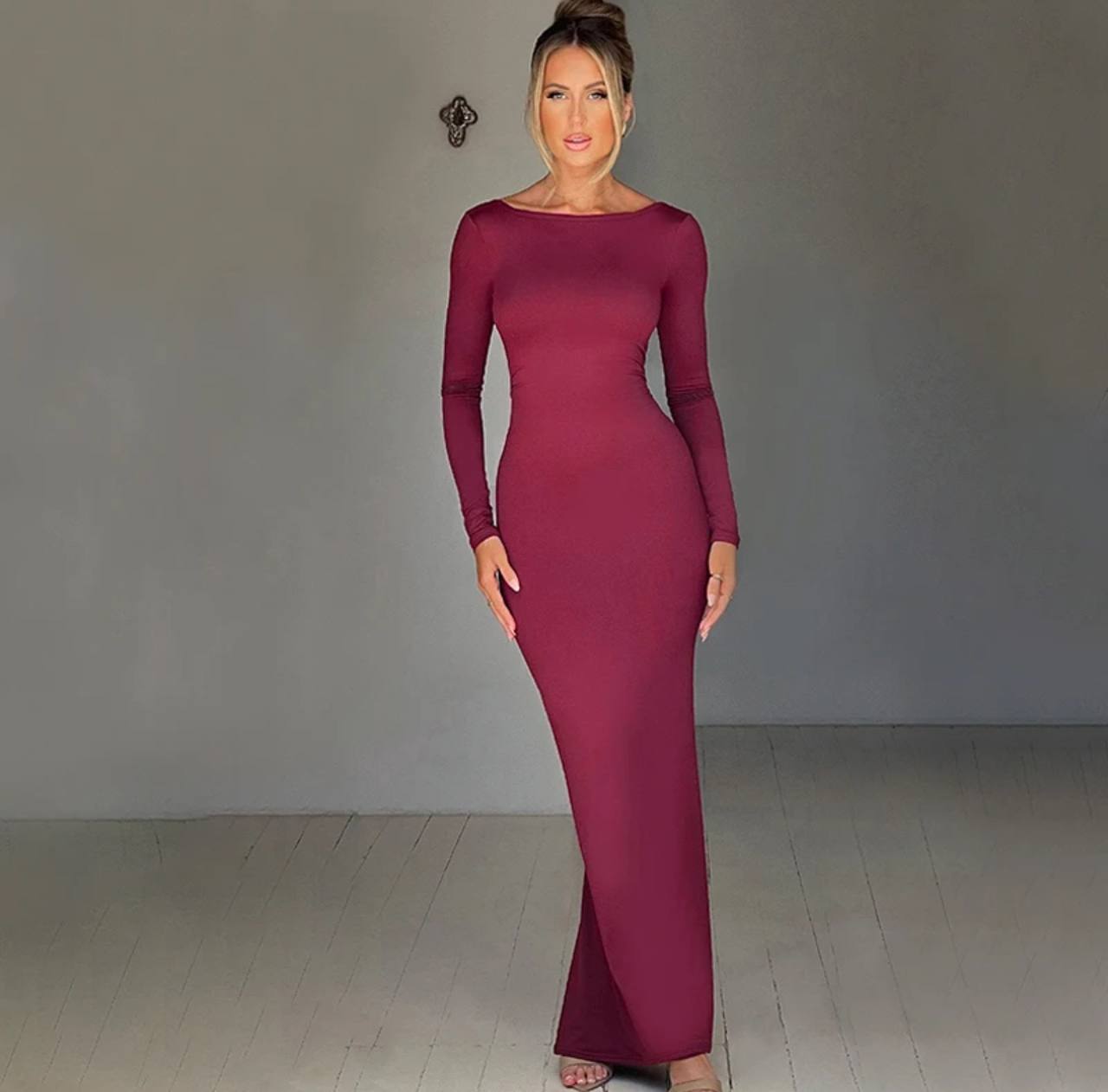Spring Elegant Long Sleeve Backless Solid Cuched Sexy Bodycon Maxi Prom Dress Women Outfit Evening Party
