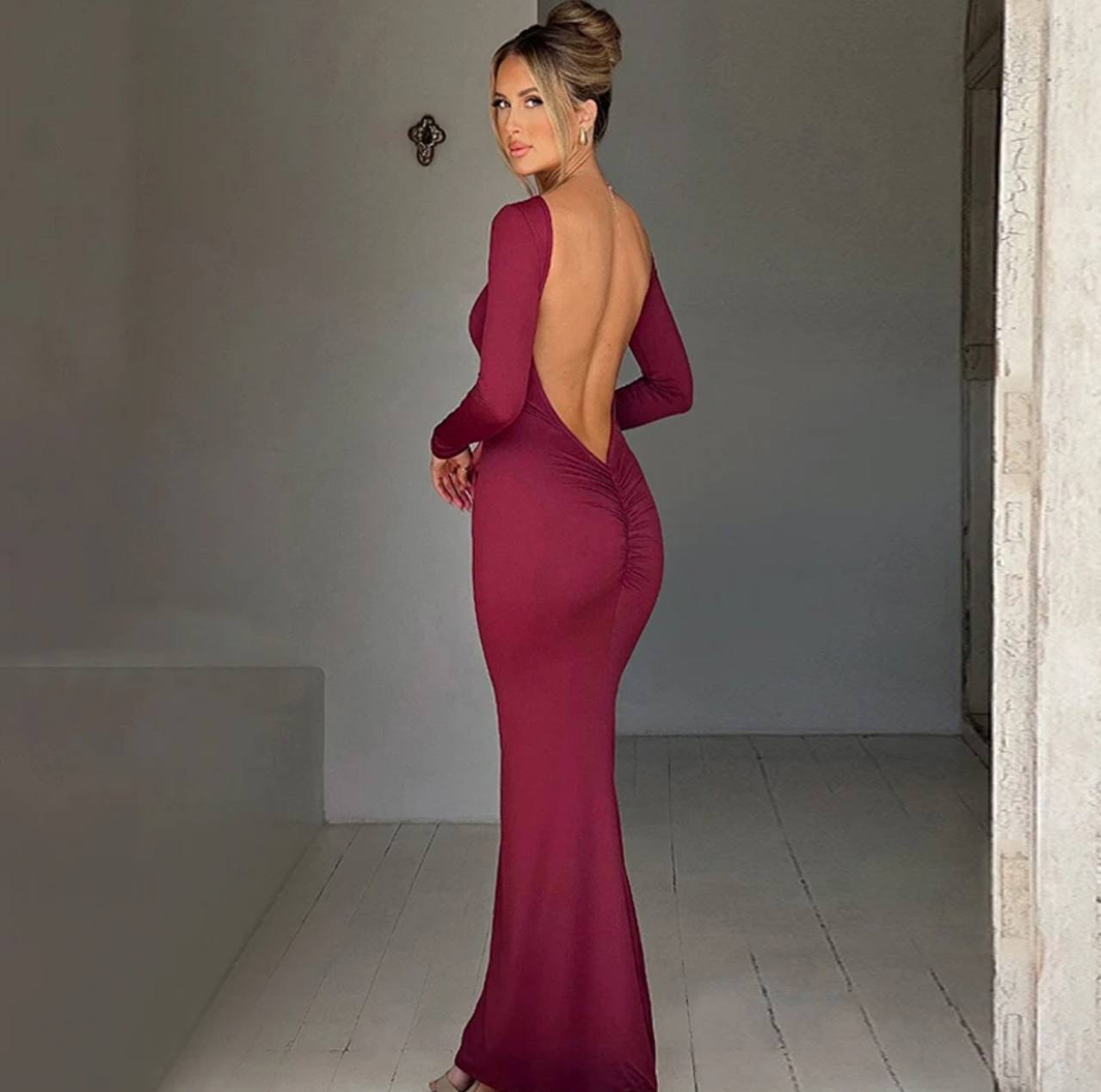 Spring Elegant Long Sleeve Backless Solid Cuched Sexy Bodycon Maxi Prom Dress Women Outfit Evening Party