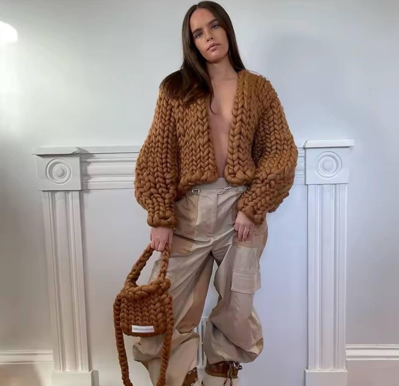 Knitted Cardigan Women Thick Long Sleeve Elegant Solid Casual Sweater Loose Short Chic Outwear Coat Tops
