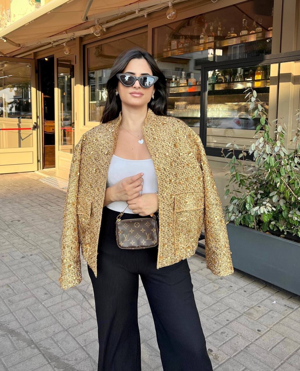 Women Fashion Shiny Sequin Jacket Gold Color Stand Collar Long Sleeve Short Coat Autumn Winter Ladies High Streetwear