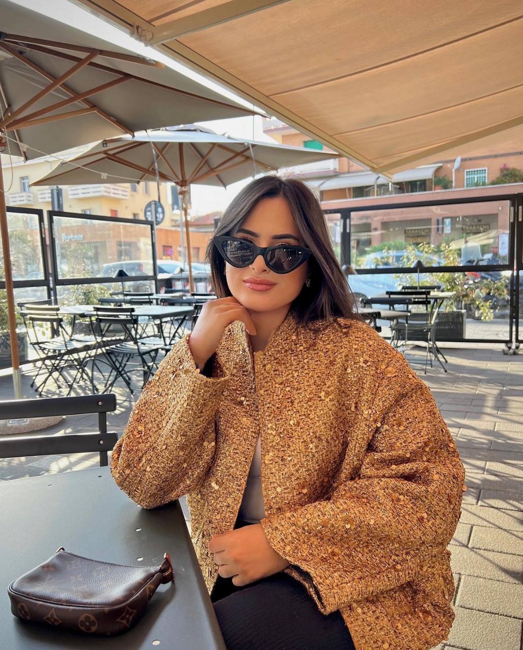 Women Fashion Shiny Sequin Jacket Gold Color Stand Collar Long Sleeve Short Coat Autumn Winter Ladies High Streetwear