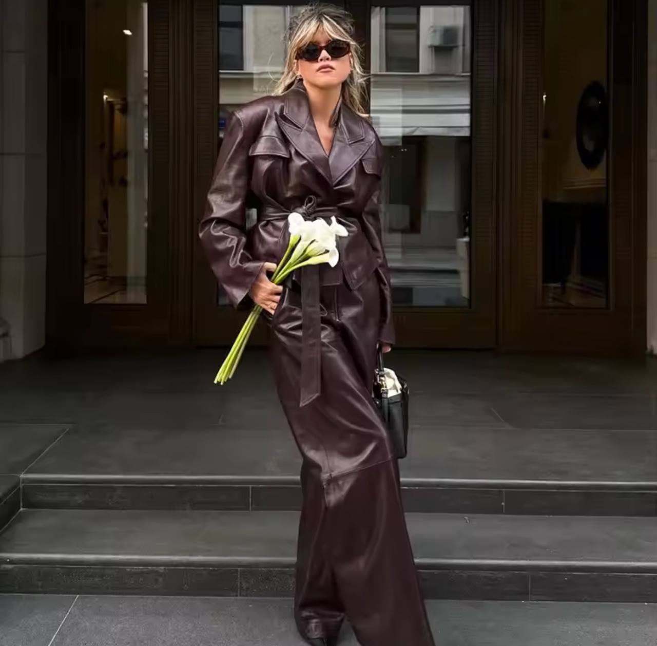 Simple Fashion Women Leather Jacket Long Sleeve Overcoats + High Waist Trousers 2 Piece Office