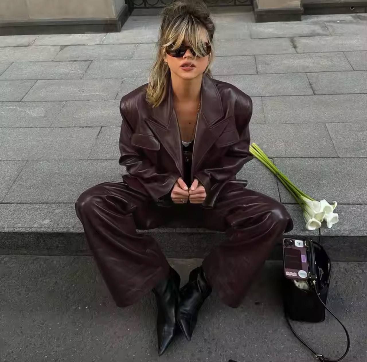 Simple Fashion Women Leather Jacket Long Sleeve Overcoats + High Waist Trousers 2 Piece Office