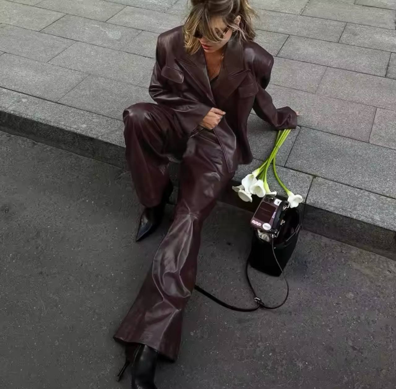 Simple Fashion Women Leather Jacket Long Sleeve Overcoats + High Waist Trousers 2 Piece Office