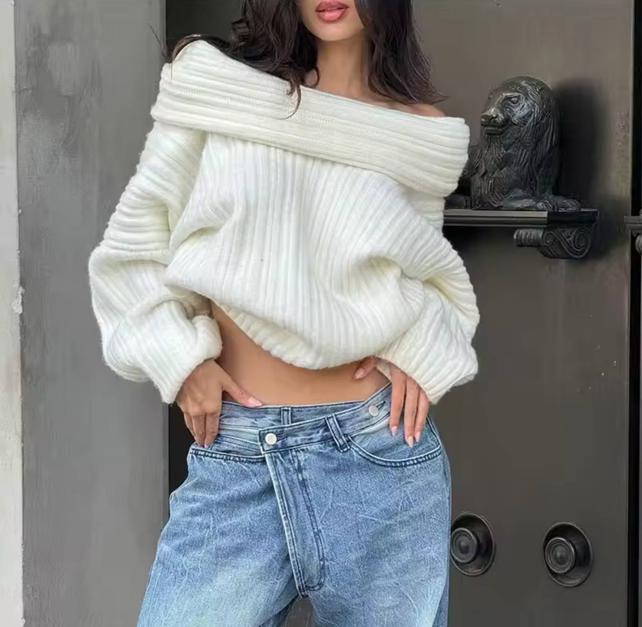 Women Sexy Solid One Neck Ribbed Sweater Fashion Off Shoulder Long Sleeve Knitted Pullover Lady Chic Street Knitwear