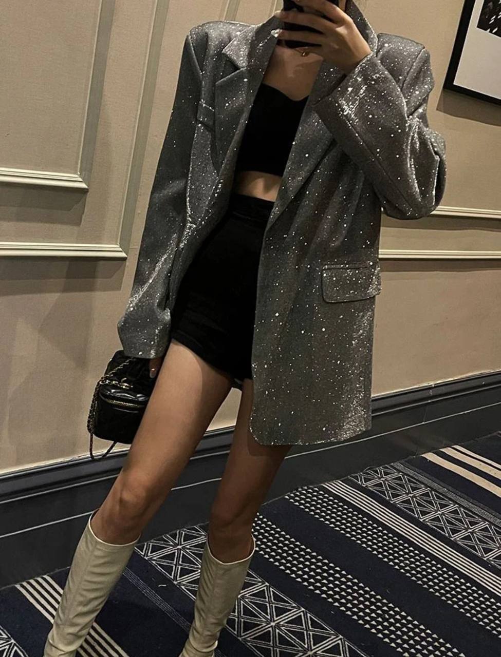 Glitter Lapel Suit Outwear For Women Luxury Long Sleeve Fashion Pocket Elegant Sparkle Coat Women's Suit Outwear
