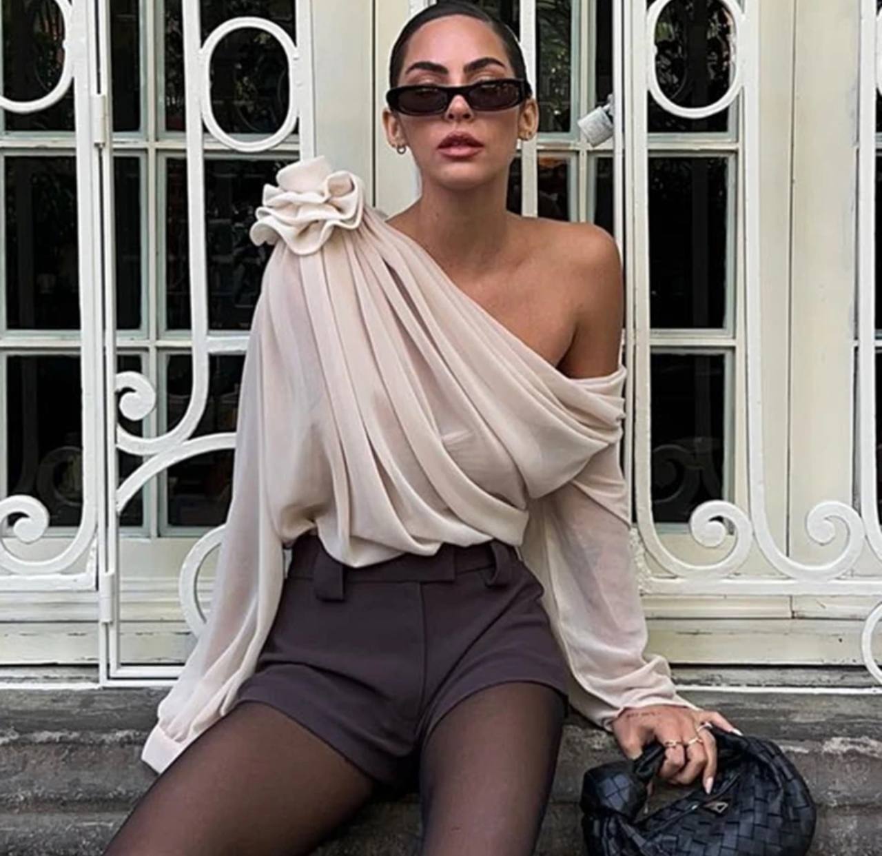 French Irregular Oblique-neck Flower Applique T Shirt Sexy Off Shoulder Temperament