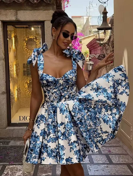 Vintage Blue Print Bow Lace-up Sling Dress For Women