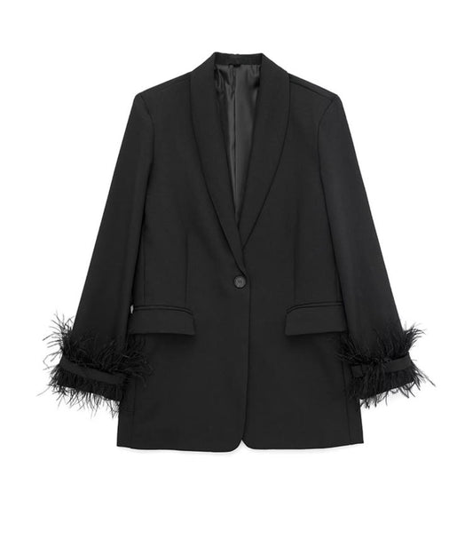 Black Satin Blazer With Feather