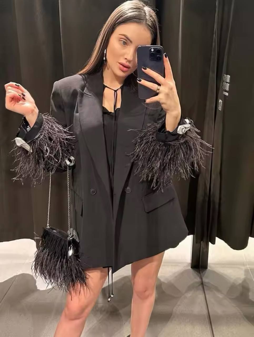 Black Satin Blazer With Feather