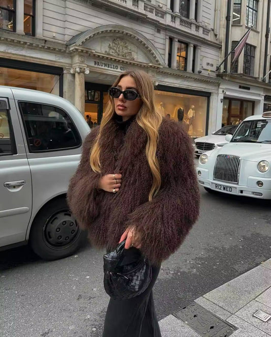 Elegant Furry Faux Fur Warm Short Coats Women V-Neck Long Sleeve Thickened Jacket