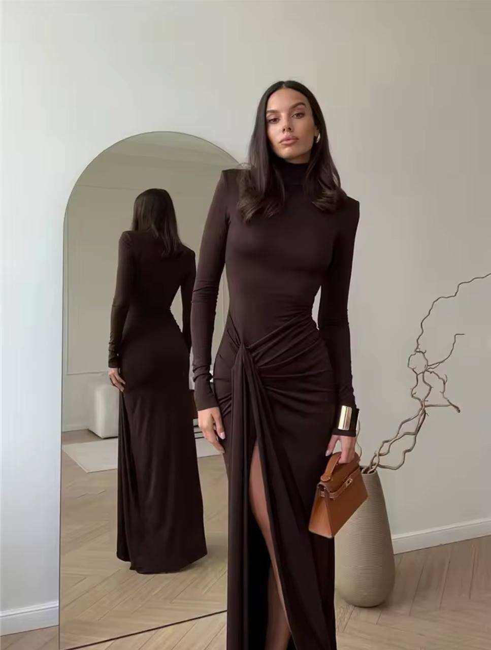 Turtleneck Thigh High Split Sexy Maxi Dress For Women Fashion Long Sleeve Draped Bandage Bodycon