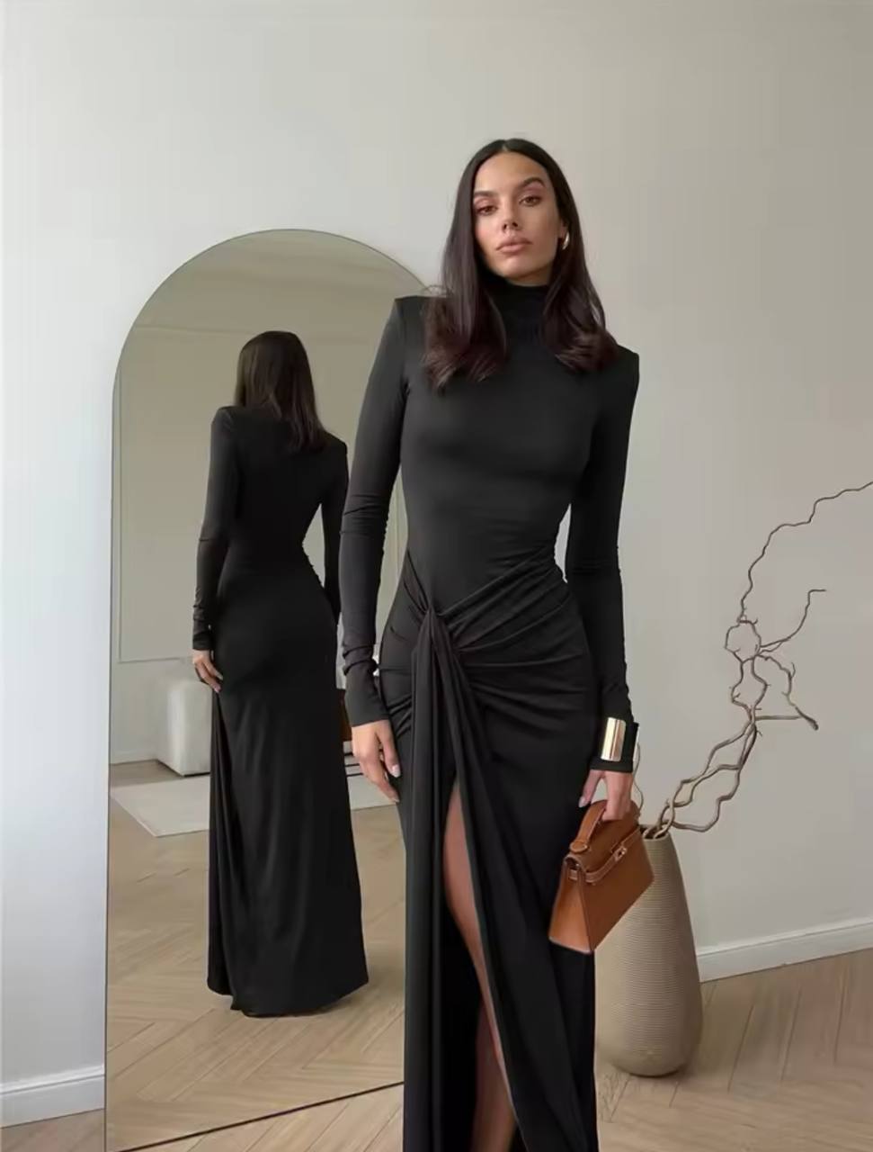 Turtleneck Thigh High Split Sexy Maxi Dress For Women Fashion Long Sleeve Draped Bandage Bodycon