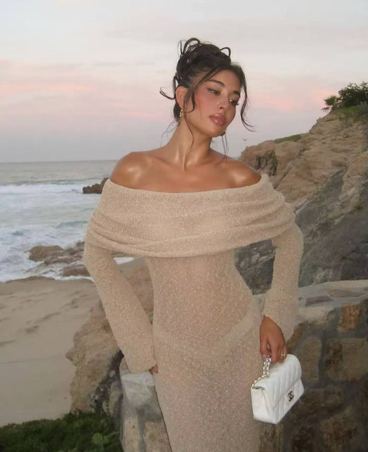 Knit Hollow Out Off-Shoulder Maxi Dress Female Cover up See-Through Sleeve Holiday Beach Party Dress