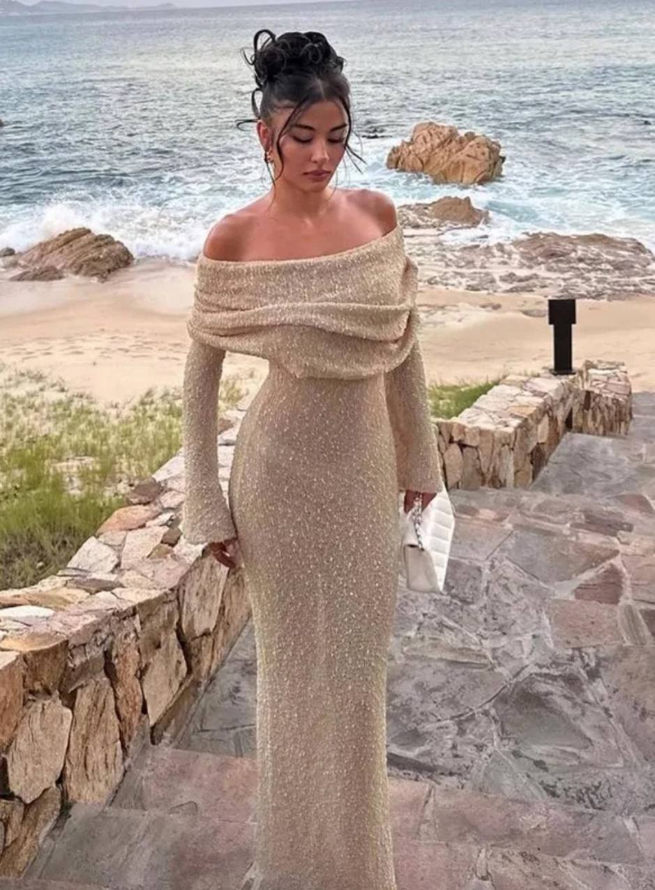 Knit Hollow Out Off-Shoulder Maxi Dress Female Cover up See-Through Sleeve Holiday Beach Party Dress