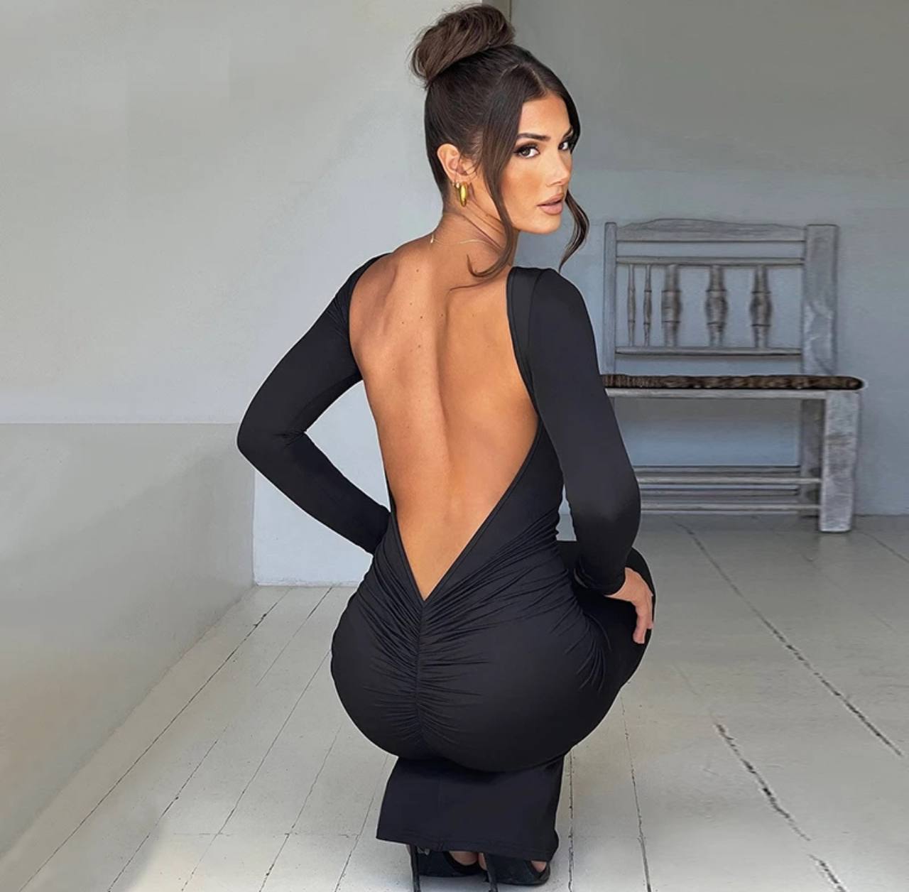 Spring Elegant Long Sleeve Backless Solid Cuched Sexy Bodycon Maxi Prom Dress Women Outfit Evening Party