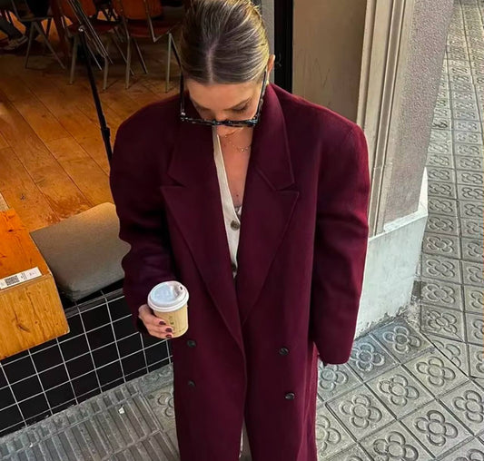 Elegant Burgundy Red Lapel Women Coat Full Sleeve Loose All-match Long Coats 2024 Autumn Winter Thicken Jacket High Streetwear