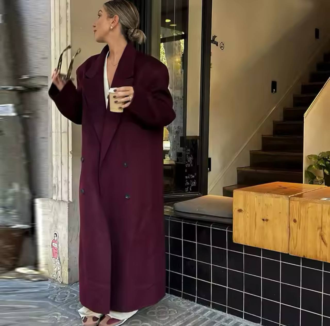 Elegant Burgundy Red Lapel Women Coat Full Sleeve Loose All-match Long Coats 2024 Autumn Winter Thicken Jacket High Streetwear