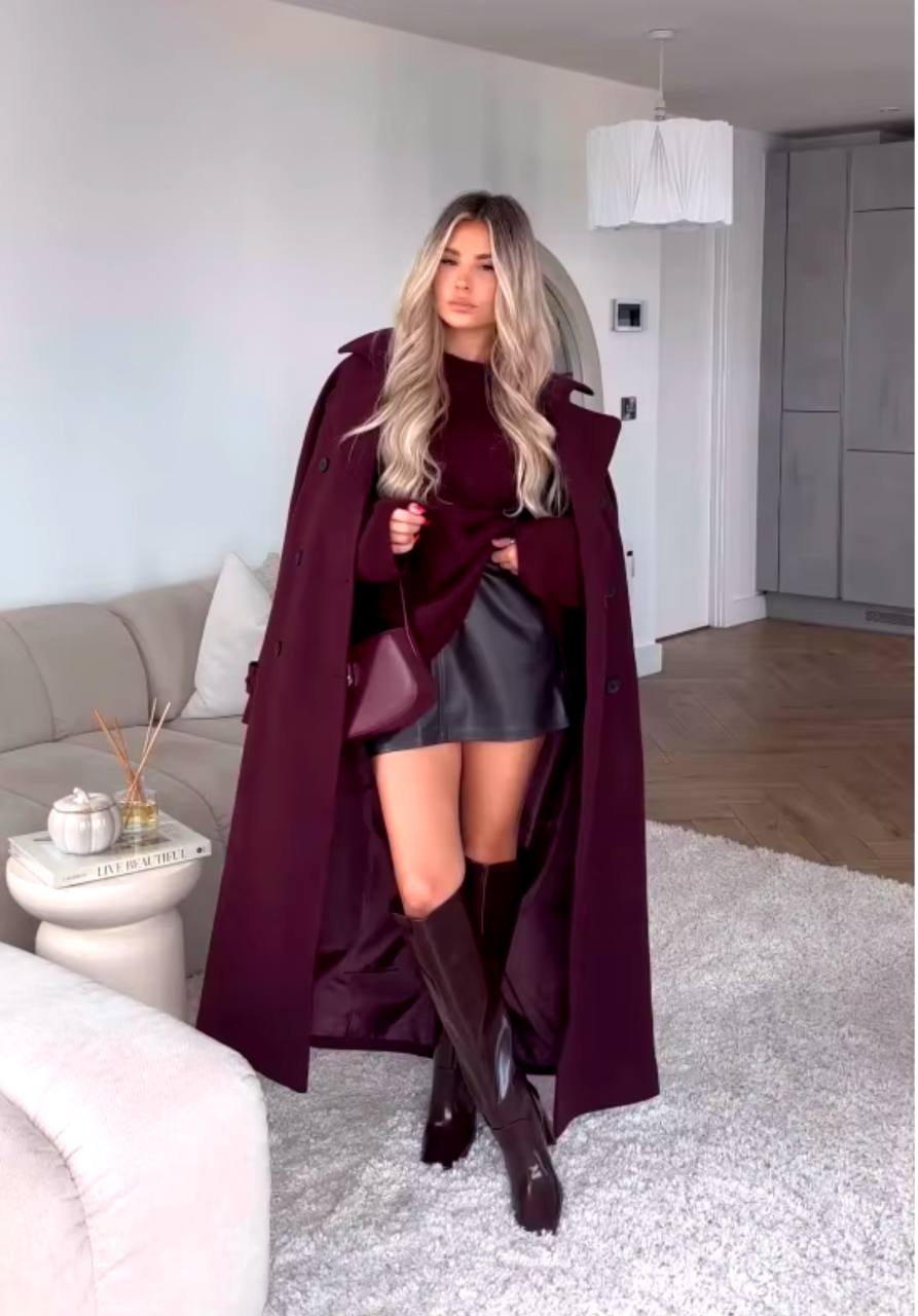 Elegant Burgundy Red Lapel Women Coat Full Sleeve Loose All-match Long Coats 2024 Autumn Winter Thicken Jacket High Streetwear