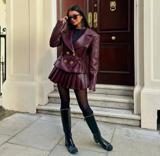 Double Breasted Leather Jacket Skirts Set Women Wine Red Lapel Slim Coat Pleated Mini Skirt Autumn New Lady Chic Outfits