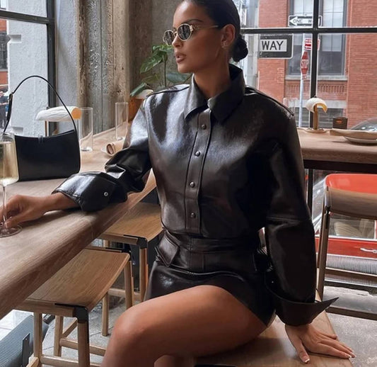 Elegant Women Leather Jacket Skirt Suit Turn Down Collar Single Breasted Female Coat High Waist Mini Skirts Lady Two Piece Sets