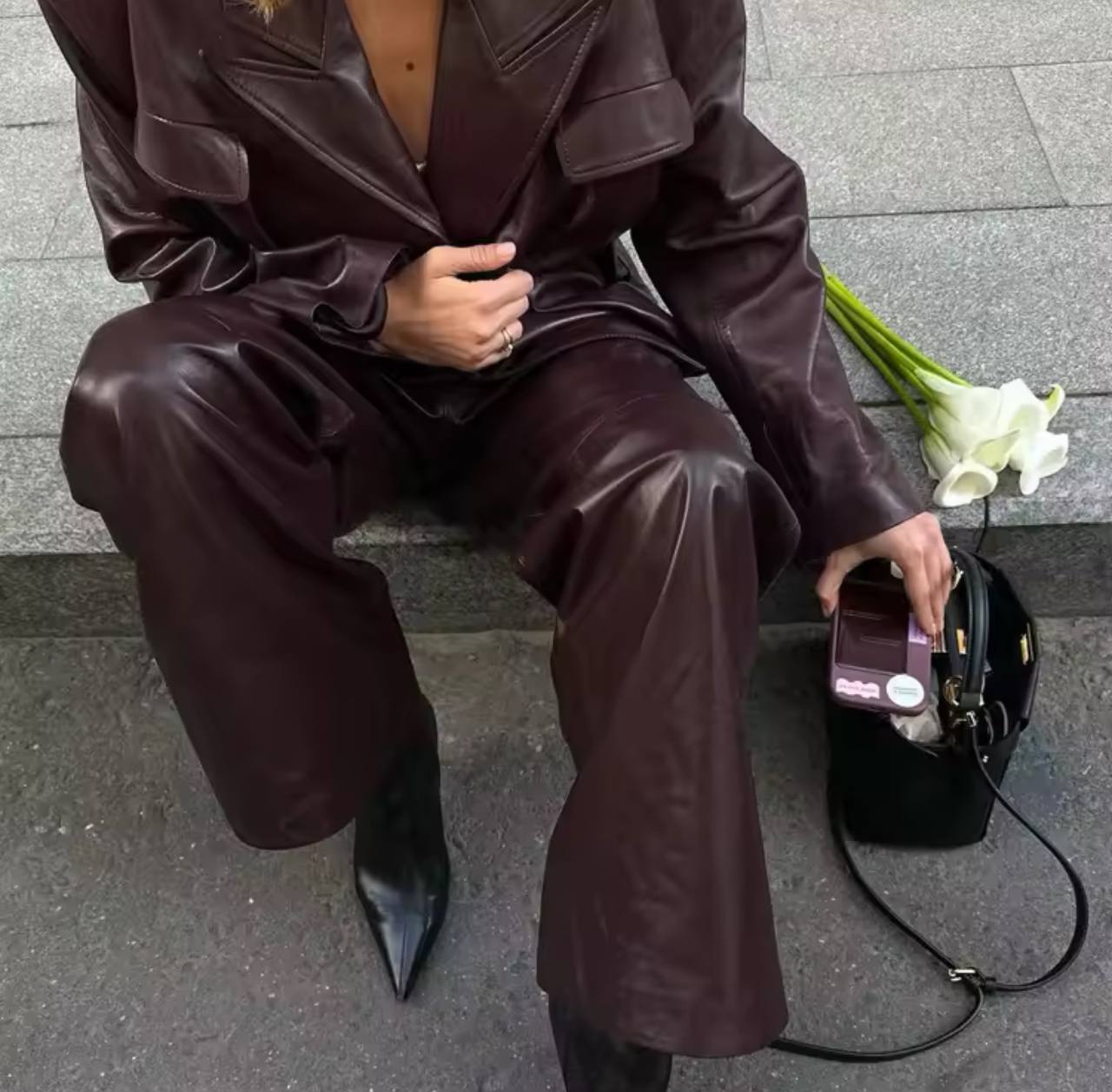 Simple Fashion Women Leather Jacket Long Sleeve Overcoats + High Waist Trousers 2 Piece Office