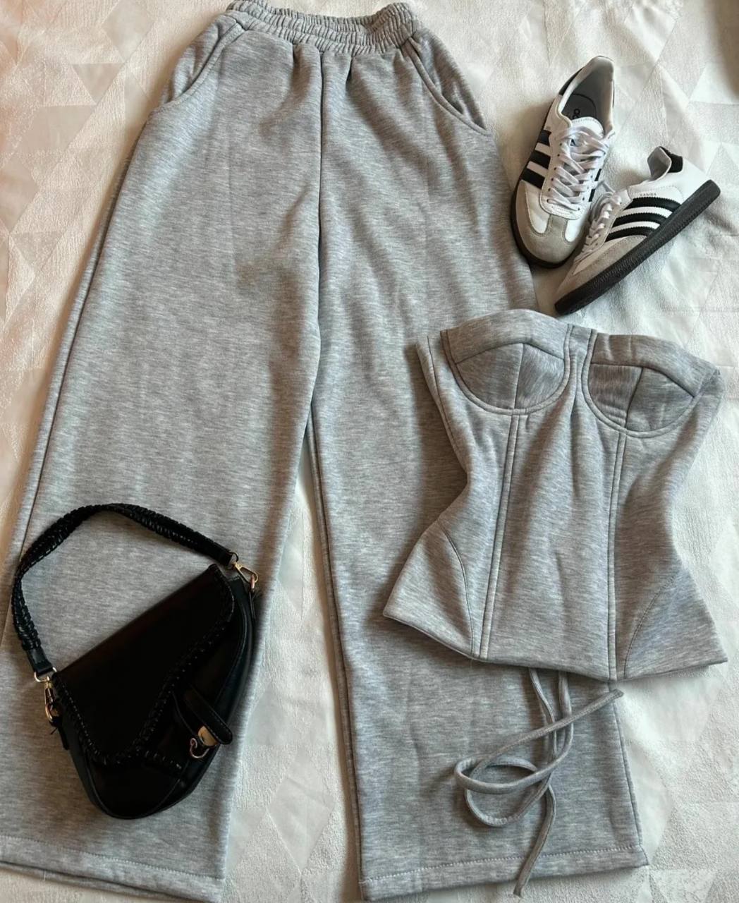 Light Gray Pants Suit Womens Sexy Slim Tube Tops Goth High Waisted Sweatpants Hot Girl Autumn Winter Two Piece Sets