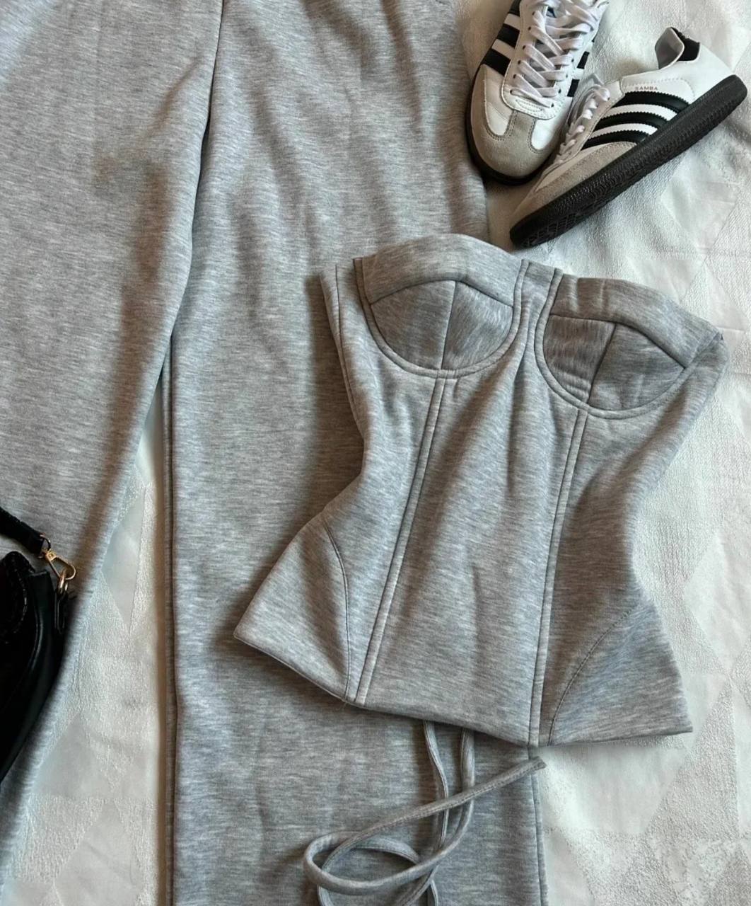 Light Gray Pants Suit Womens Sexy Slim Tube Tops Goth High Waisted Sweatpants Hot Girl Autumn Winter Two Piece Sets