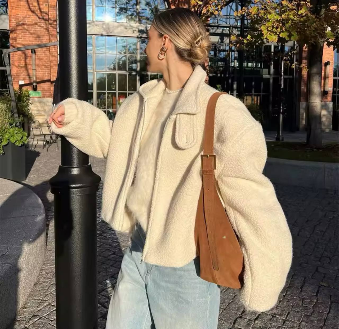 White Fashion Zipper Lamb Wool Jacket For Women Chic Lapel Long Sleeve Loose Cropped Coat Female Fall Winter Casual Outwear