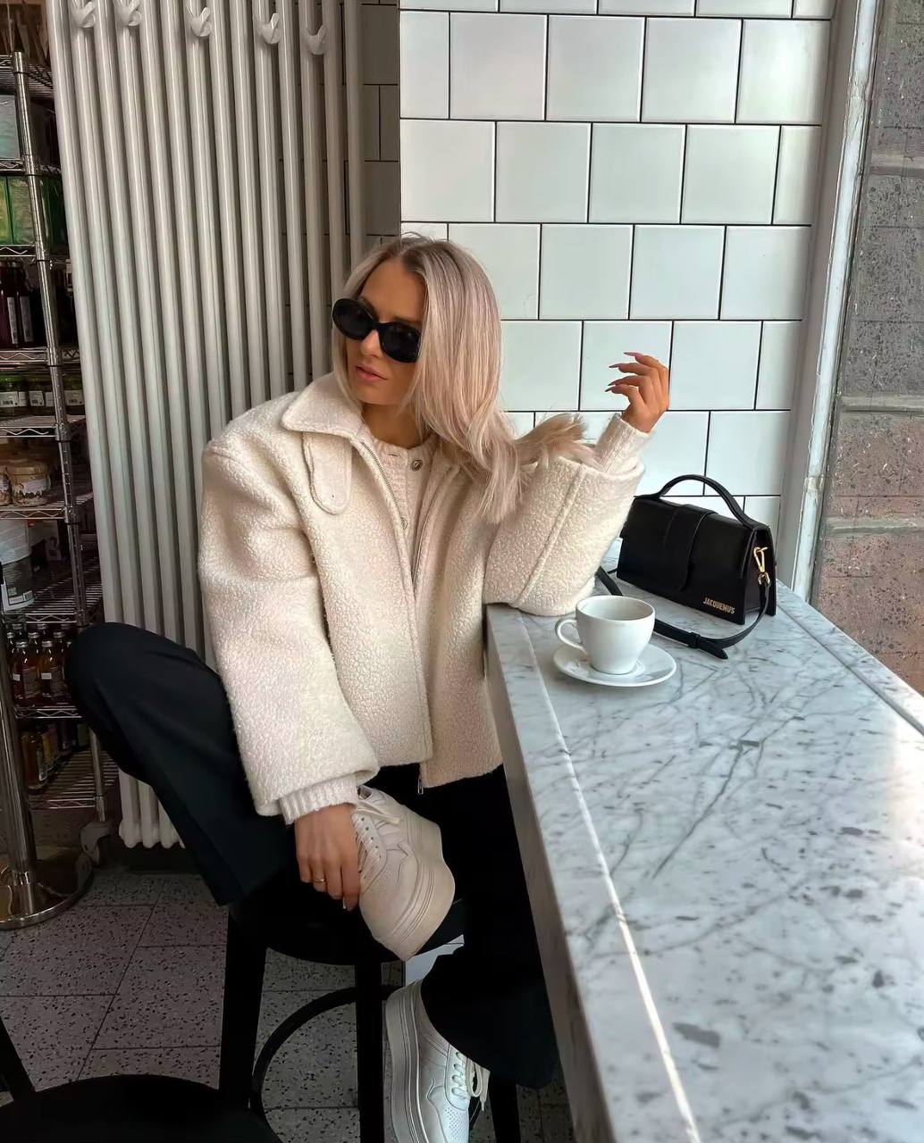 White Fashion Zipper Lamb Wool Jacket For Women Chic Lapel Long Sleeve Loose Cropped Coat Female Fall Winter Casual Outwear