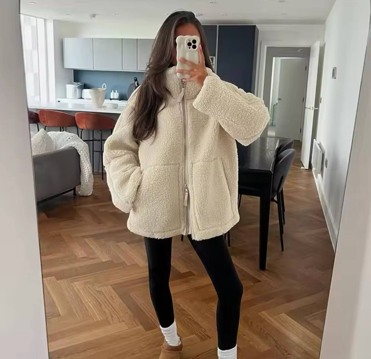 White Fashion Zipper Lamb Wool Jacket For Women Chic Lapel Long Sleeve Loose Cropped Coat Female Fall Winter Casual Outwear