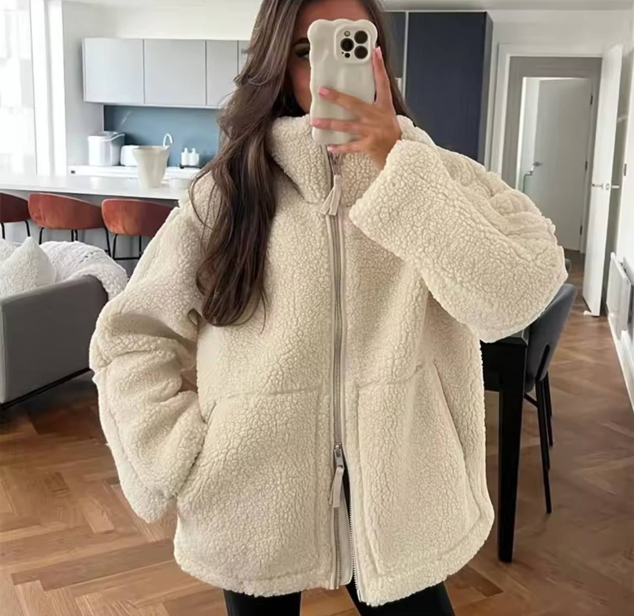 White Fashion Zipper Lamb Wool Jacket For Women Chic Lapel Long Sleeve Loose Cropped Coat Female Fall Winter Casual Outwear