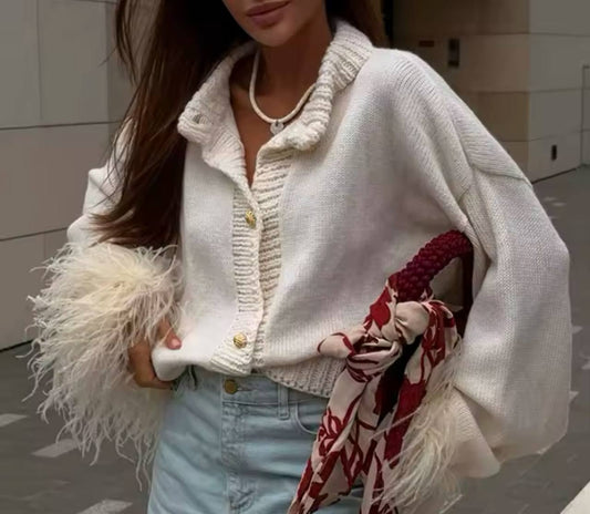 Feather Sweaters Women Knitted Cardigan Fashion Single Breasted Loose O-neck Coat Long Sleeve Party Casual Club Chic Outerwear