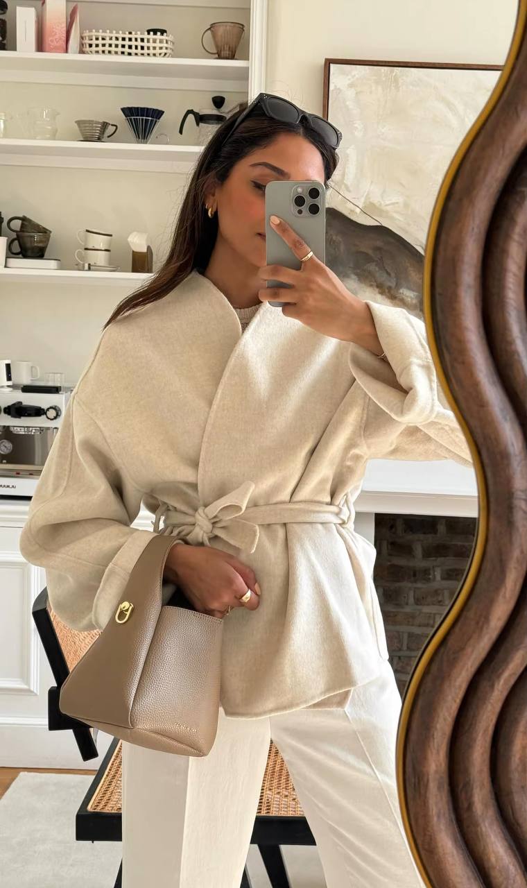 Elegant Women's Solid V-neck Tie-belt Woolen Jacket New Fashion Classic Long Sleeves Coats Autumn Chic Female Streetwear